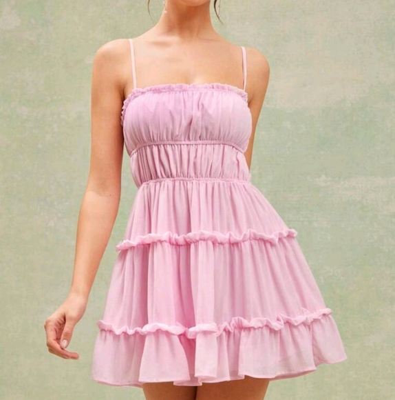 Women's Vacation Solid Color Pleated Ruffle Hem Spaghetti Strap Dress - Picture 1 of 4